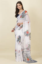 White Georgette Floral Printed Saree