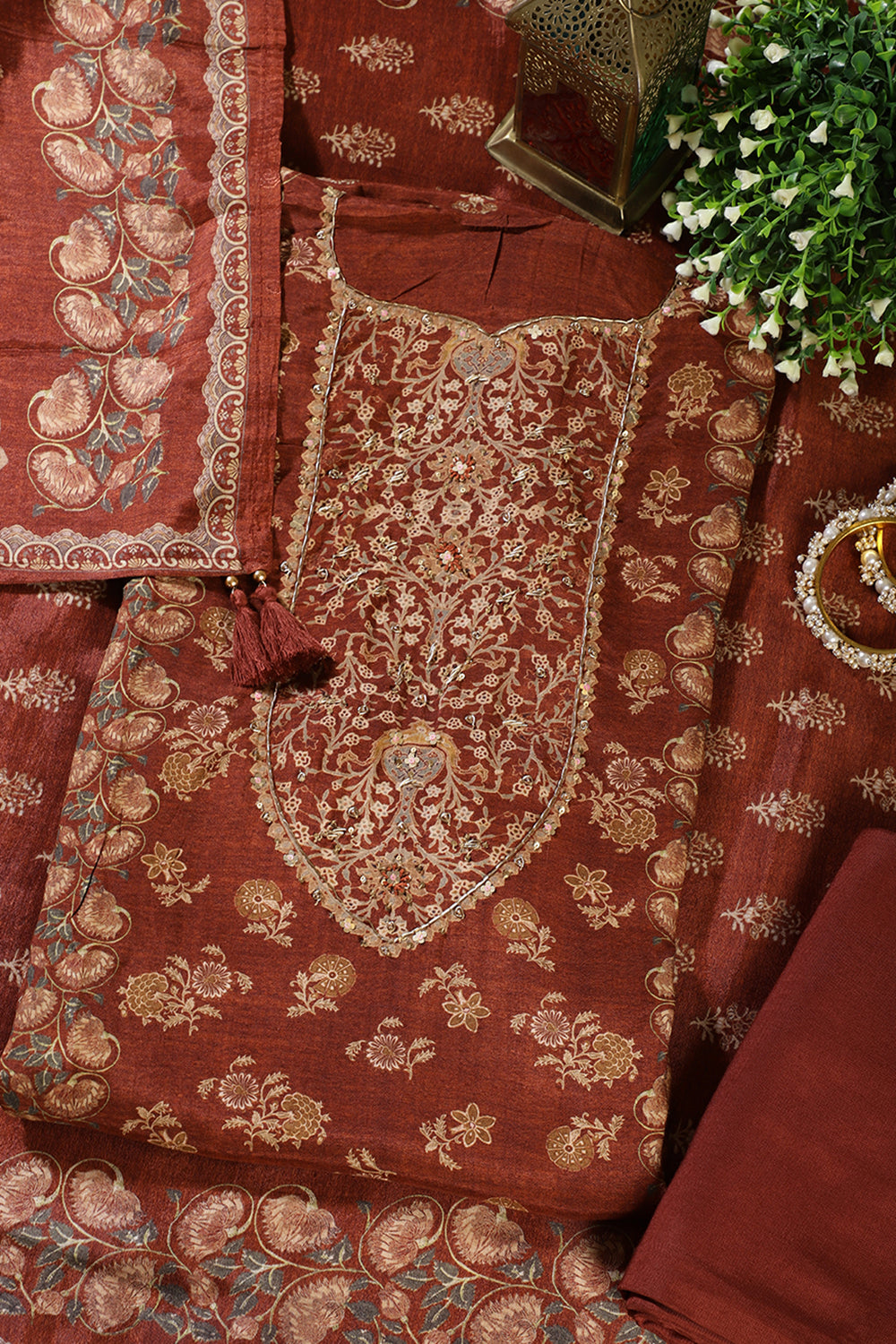 Brown Muslin Printed Unstitched Suit Fabric