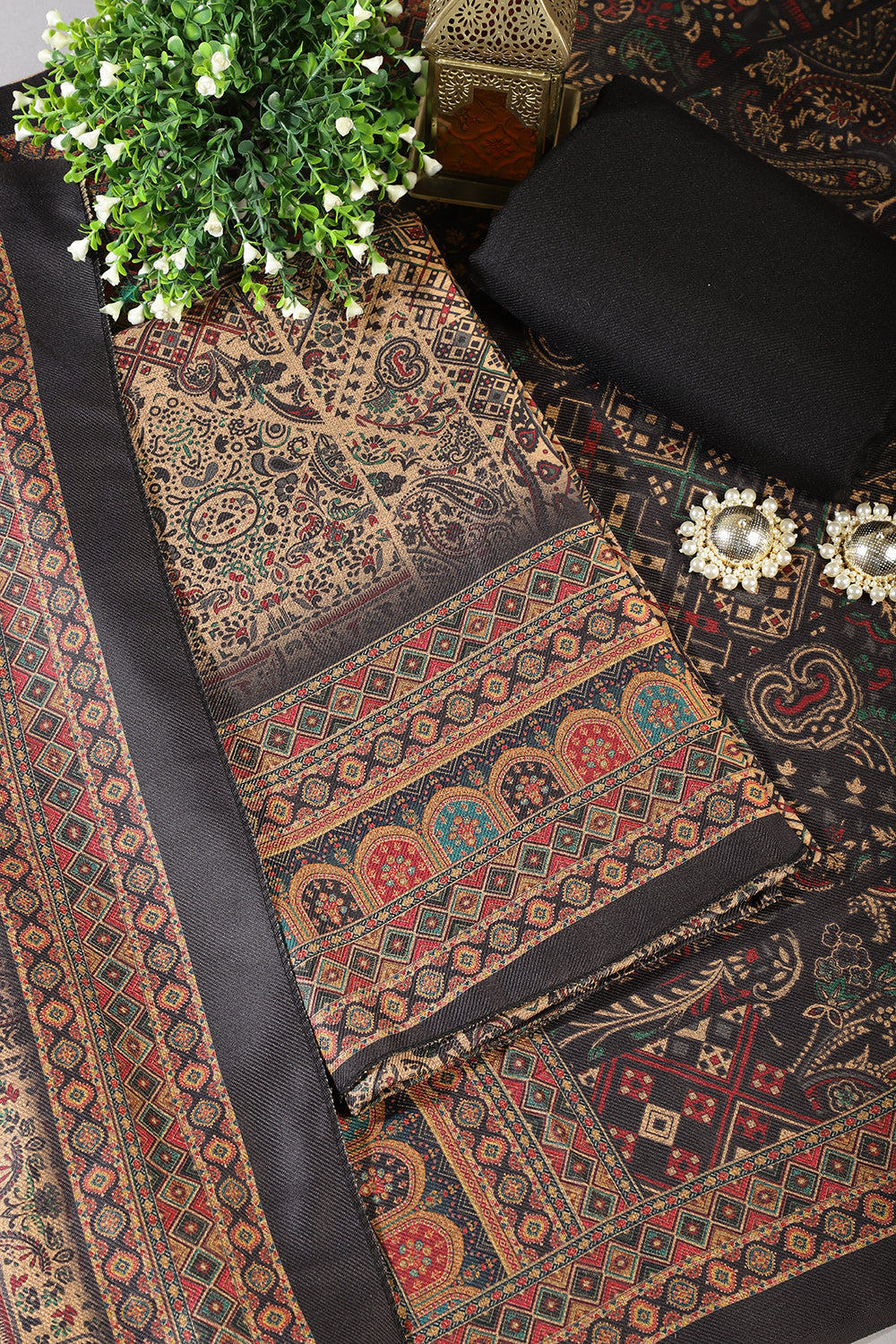 Black Pashmina Digital Printed Unstitched Suit Material