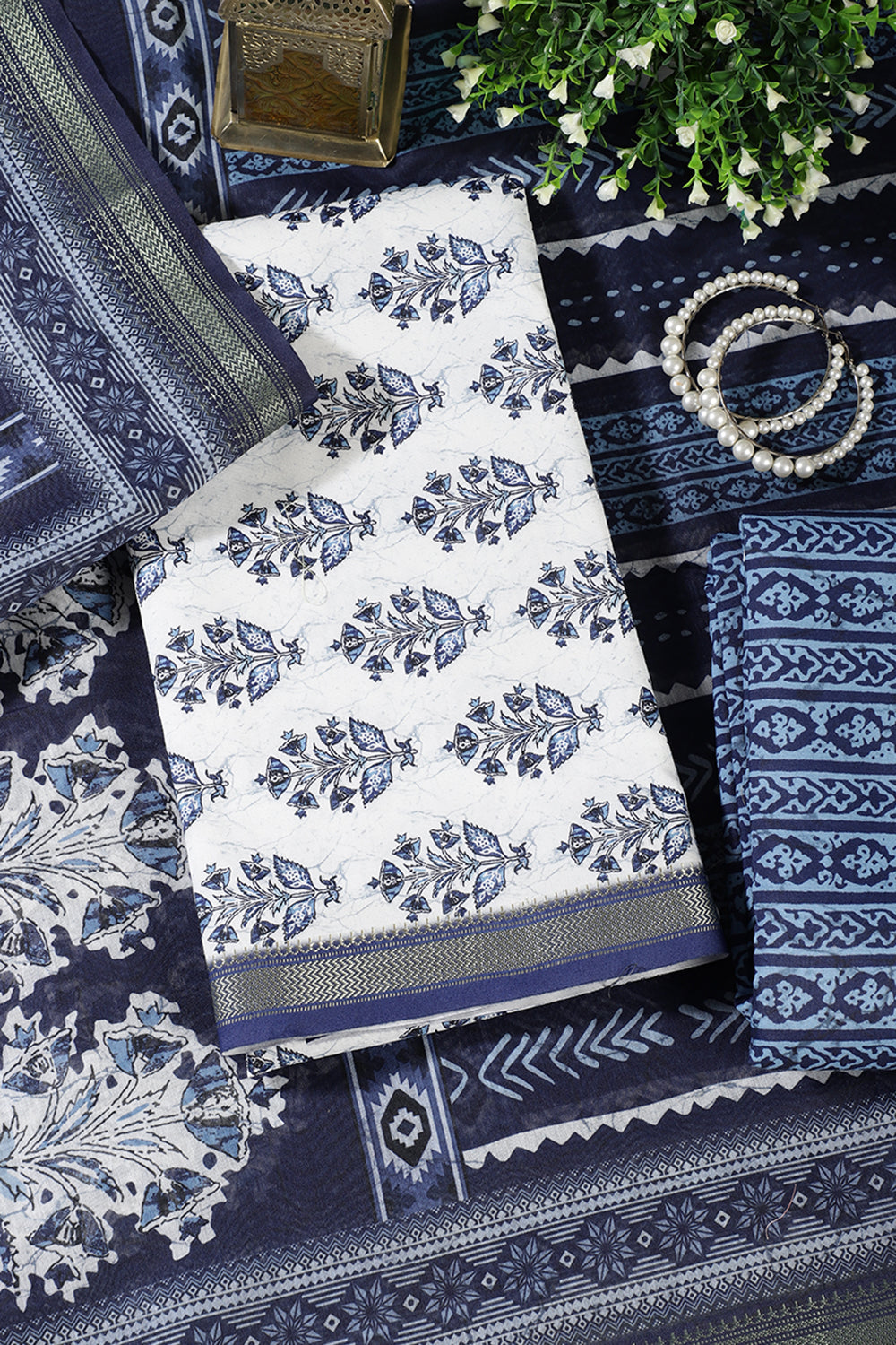 Navy And White Cotton Floral Block Print & Zari Border Unstitched Suit Material