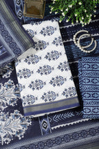 Navy And White Cotton Floral Block Print & Zari Border Unstitched Suit Material