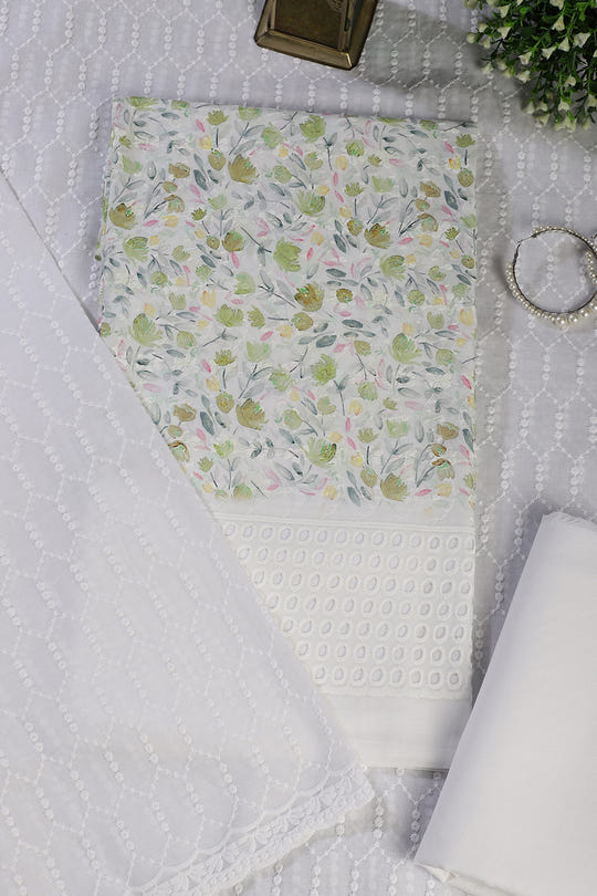 White & Green Cotton Floral Printed and Resham Embroidered Unstitched Suit Material