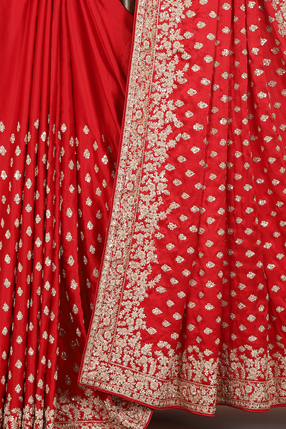 Red Color Pure Satin Crepe Saree with Full Zardozi Handwork