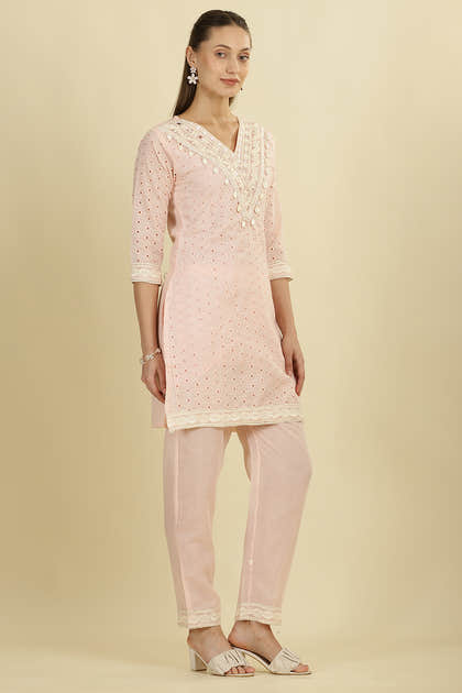 Pink Cotton Hacoba Style Neck-Embroidered Kurta Set
