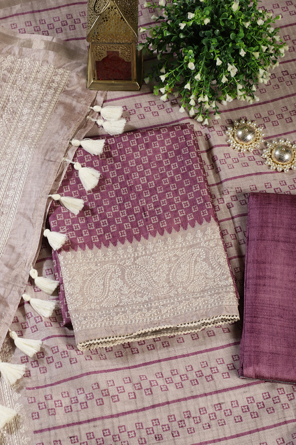 Purple Tussar Cotton Printed And Reham Embroidered Unstiched Suit Material