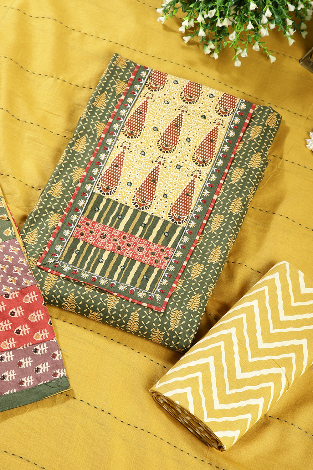 Green & Mustard Color Twill Cotton Printed Unstitched Suit Material