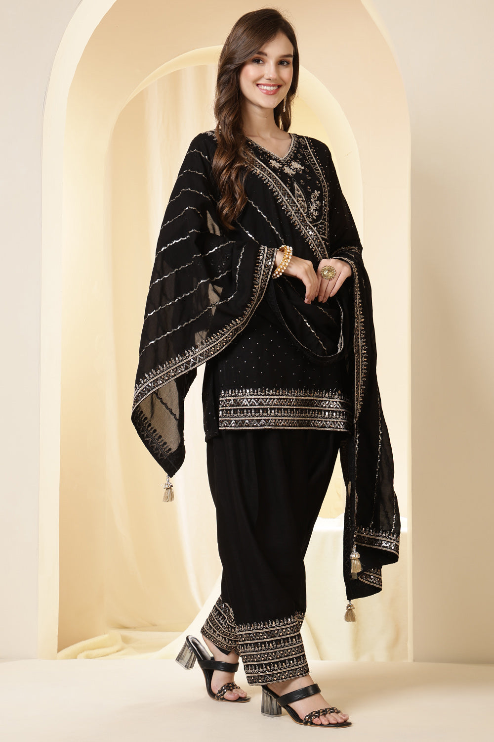 Black Zari Embroidered Silk Suit With Farsi Salwar