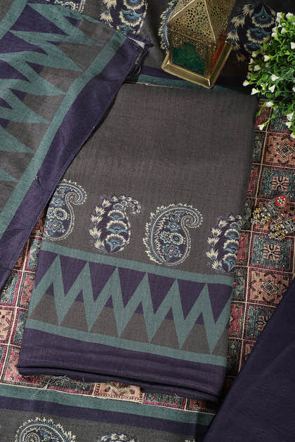 Greenish Grey Spun Printed Unstitched Suit