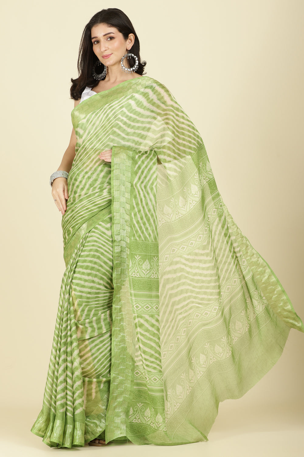 Olive Green Color Chiffon Leheriya Printed Saree