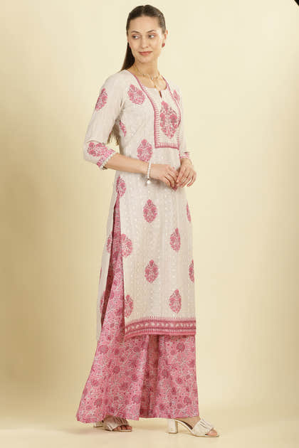 Cream & Pink  Chanderi Cotton Hacoba Style & Floral Printed Unstitched Suit Material