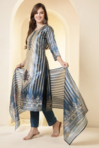 Blue Color Chanderi Silk Printed Straight Suit