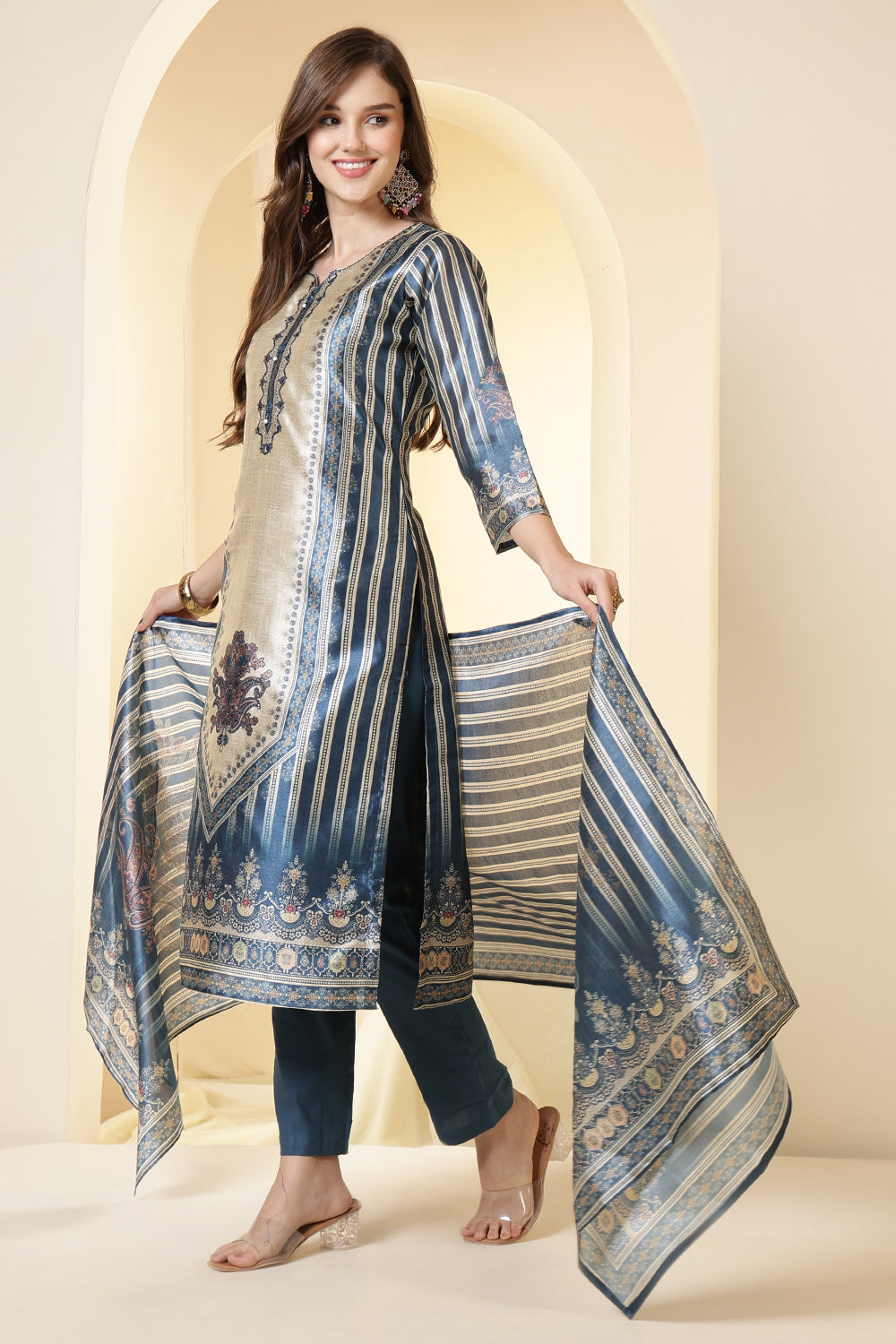 Blue Color Chanderi Silk Printed Straight Suit
