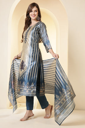 Blue Color Chanderi Silk Printed Straight Suit