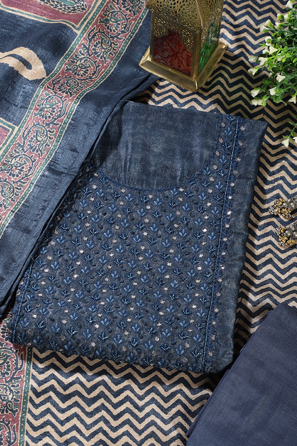 Navy Tissue Silk Mirror & Resham work Unstitched Suit Material