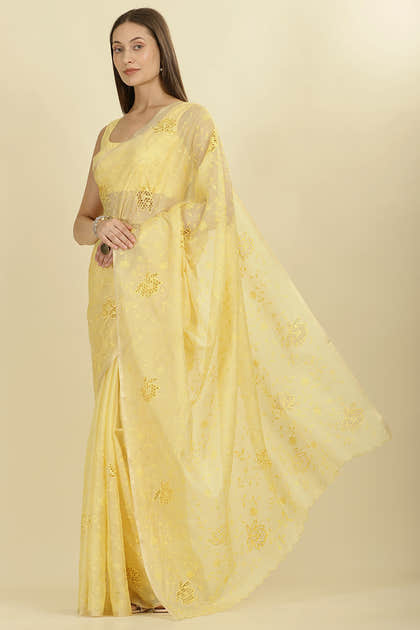 Pale Yellow Floral Resham Embroidered Cotton Saree