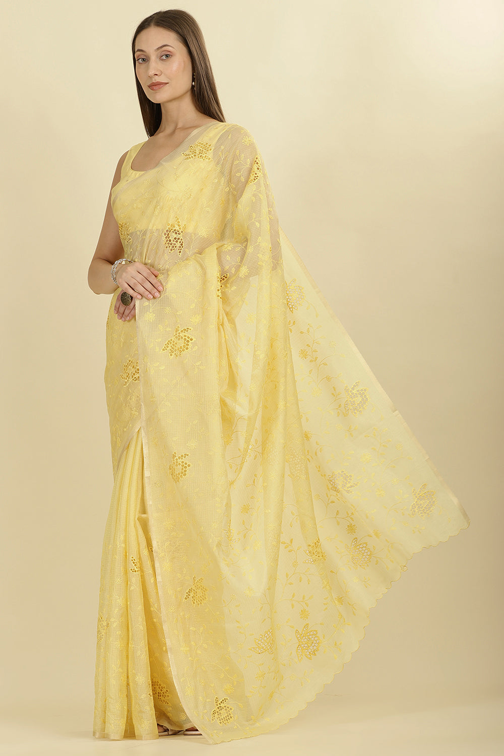 Pale Yellow Floral Resham Embroidered Cotton Saree