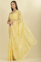 Pale Yellow Floral Resham Embroidered Cotton Saree