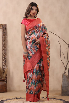 Coral Color Tussar Cotton Printed Saree