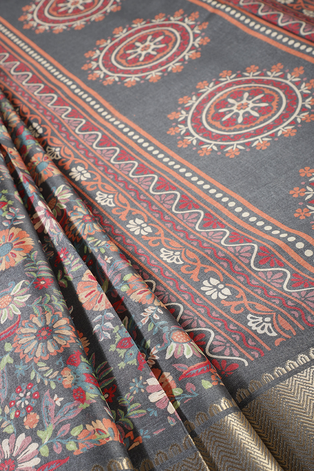 Grey Colour Floral Printed Cotton Silk Saree