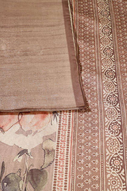 Light Brown Floral Printed Tussar Silk Saree
