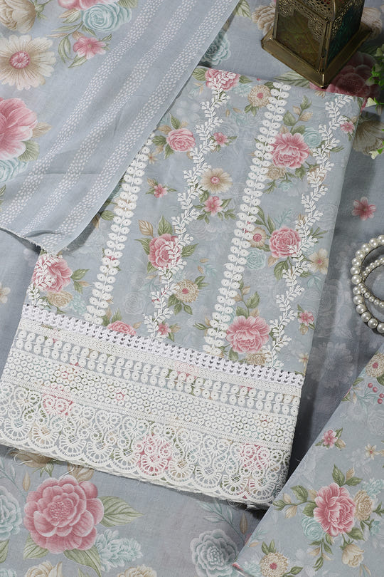 Grey Color Cotton Flower Printed and Lace Work Unstitched Suit Fabric