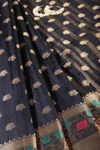 Black Resham & Zari Woven Silk Saree