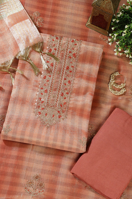 Peach Tissue Silk Zari And Resham Embroidered Unstitched Suit Material