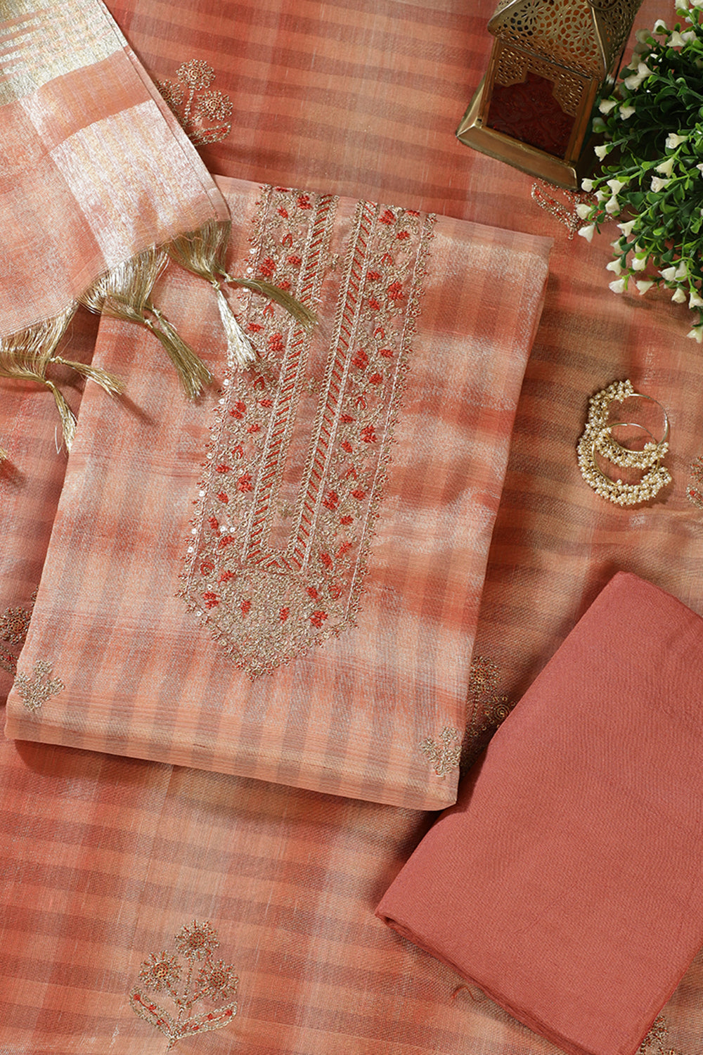 Peach Tissue Silk Zari And Resham Embroidered Unstitched Suit Material