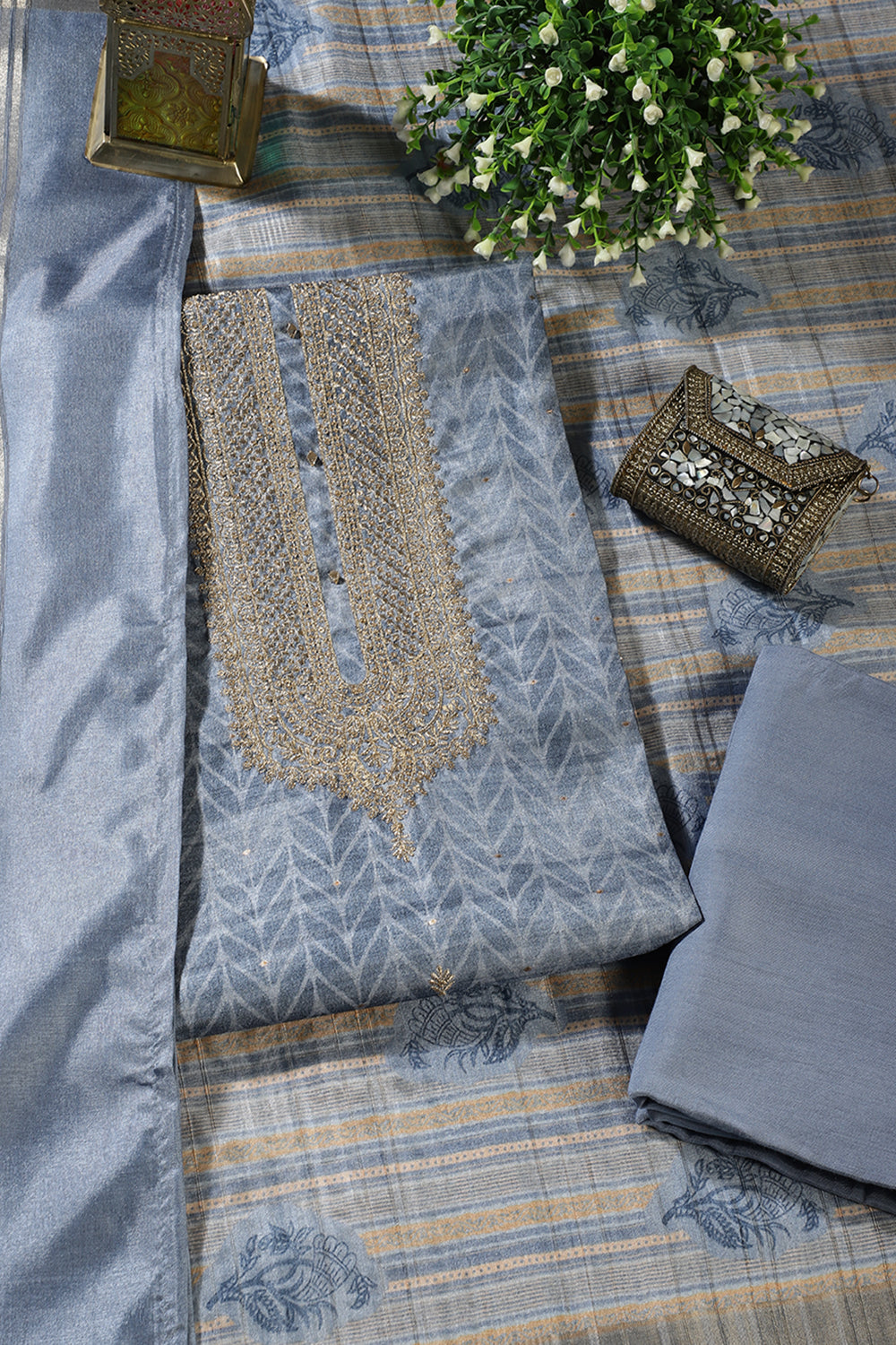 Blue Tussar Silk Neck Zari Embroidered & Printed Unstitched Suit Fabric