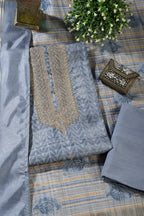 Blue Tussar Silk Neck Zari Embroidered & Printed Unstitched Suit Fabric