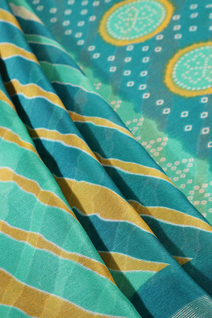 Teal & Yellow Color Chiffon Printed Saree