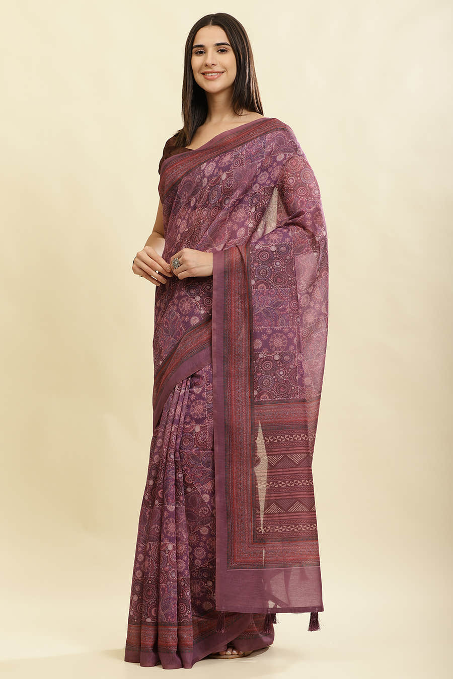 Dusky Purple Cotton Silk Printed Saree