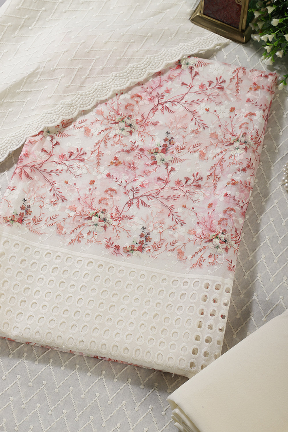 Cream & Red Cotton Chikankari Work Floral Printed Unstitched Suit