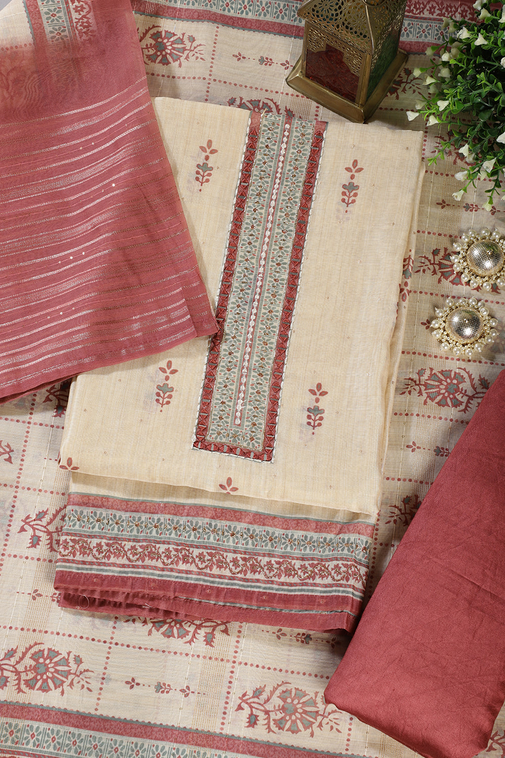 Beige & Light Maroon Chanderi Cotton Floral Printed And Neck Embroidered Unstitched Suit Material Unstitched Suit Fabric