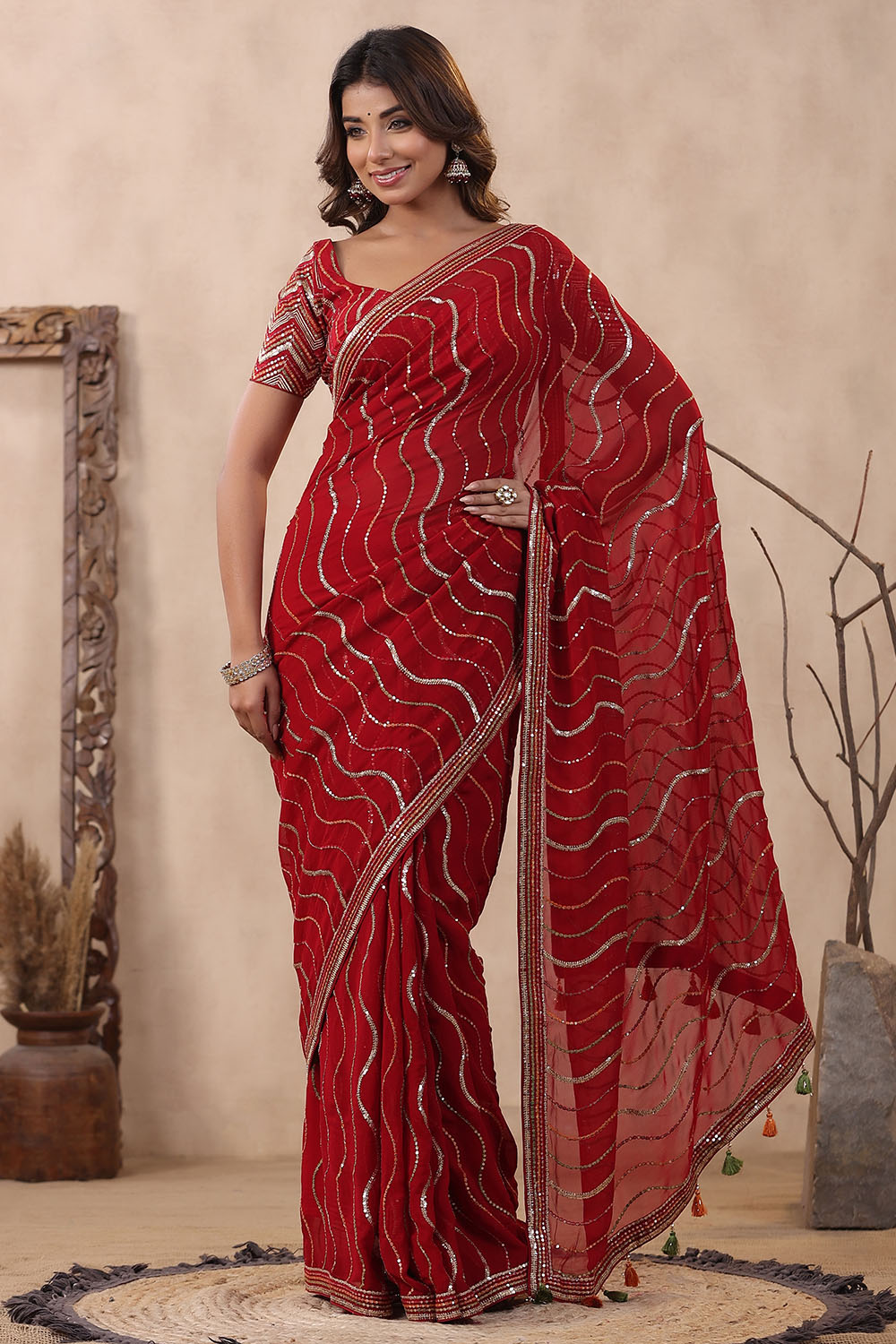 Maroon Color Embroidered Georgette Saree