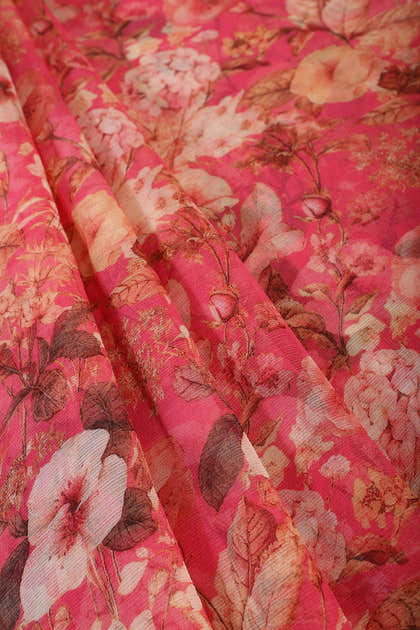 Hot Pink Color Floral Printed Chiffon Saree