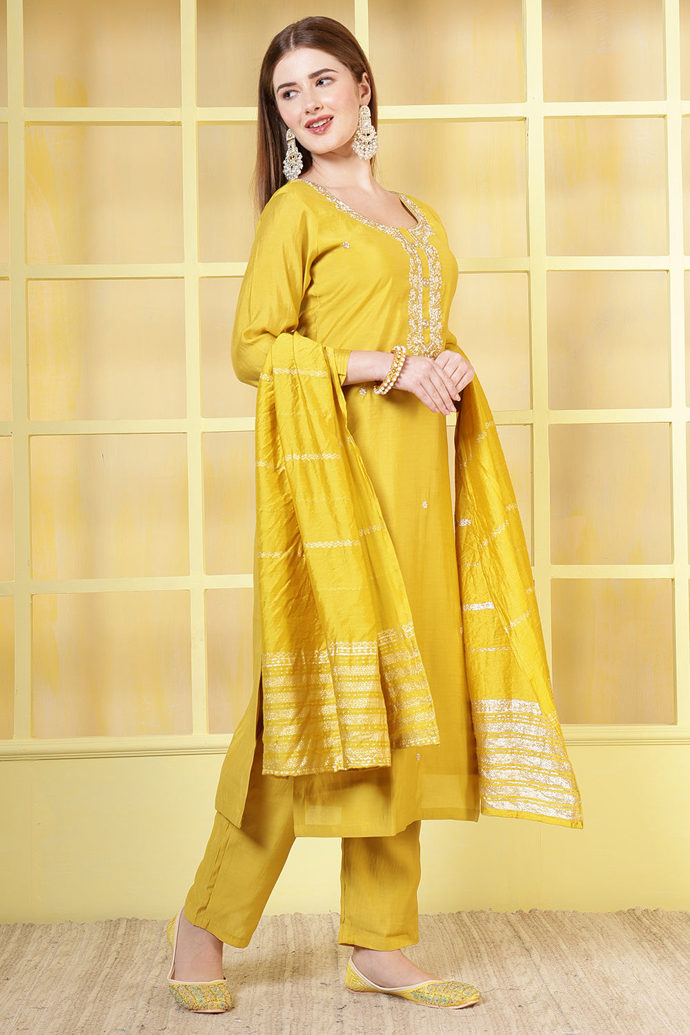 Mustard Silk Cut-Dana And Pearl Embroidered Suits