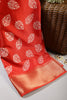 Coral Red Color Block Printed Cotton Silk Saree
