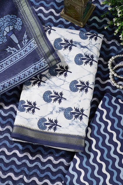 White And Blue Cotton Floral Block Print & Zari Border Unstitched Suit Material
