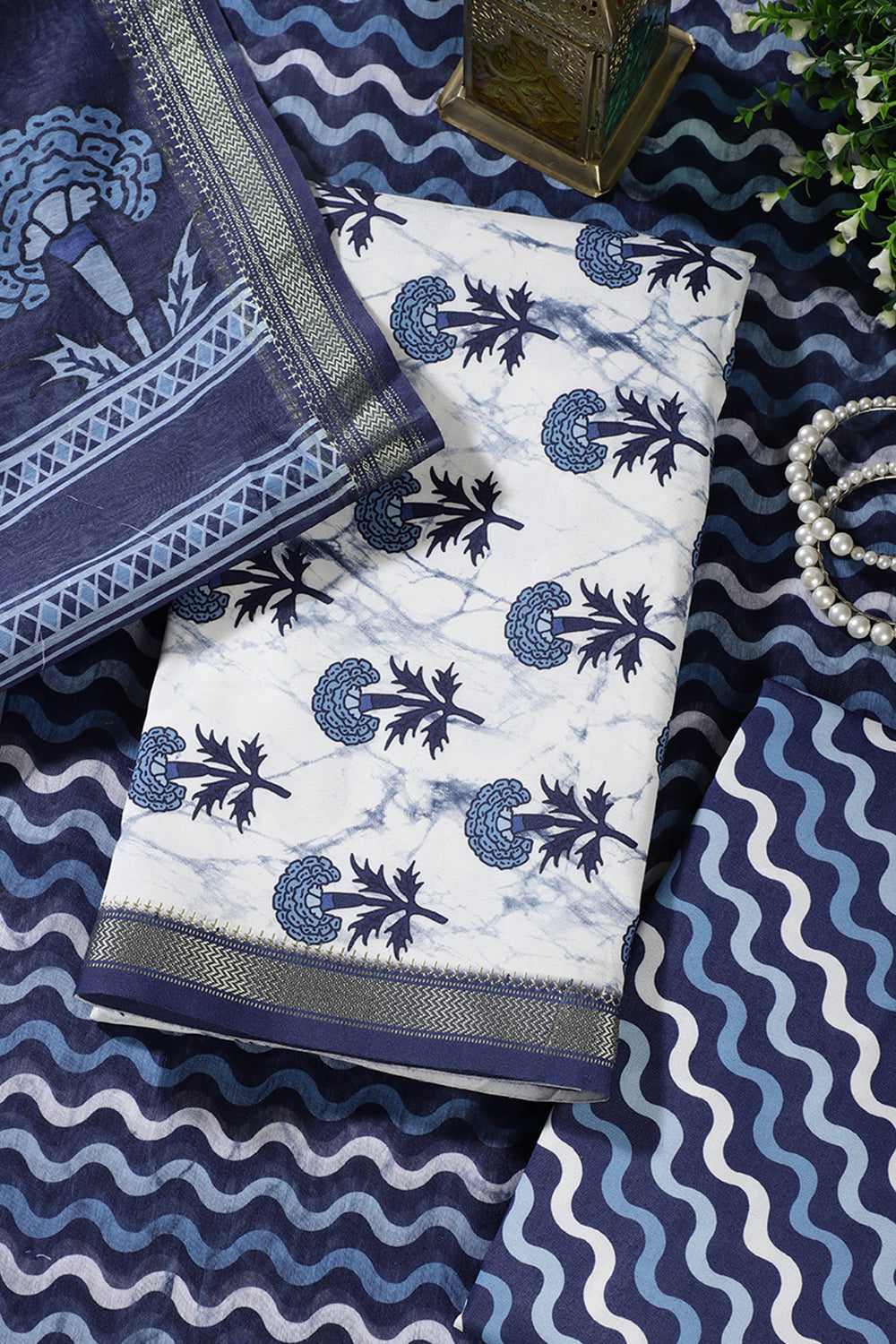 White And Blue Cotton Floral Block Print & Zari Border Unstitched Suit Material
