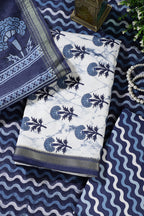 White And Blue Cotton Floral Block Print & Zari Border Unstitched Suit Material