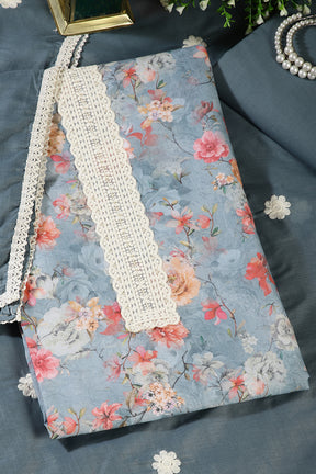 Blue Color Cotton Flower Printed and Lace Work Unstitched Suit Fabric