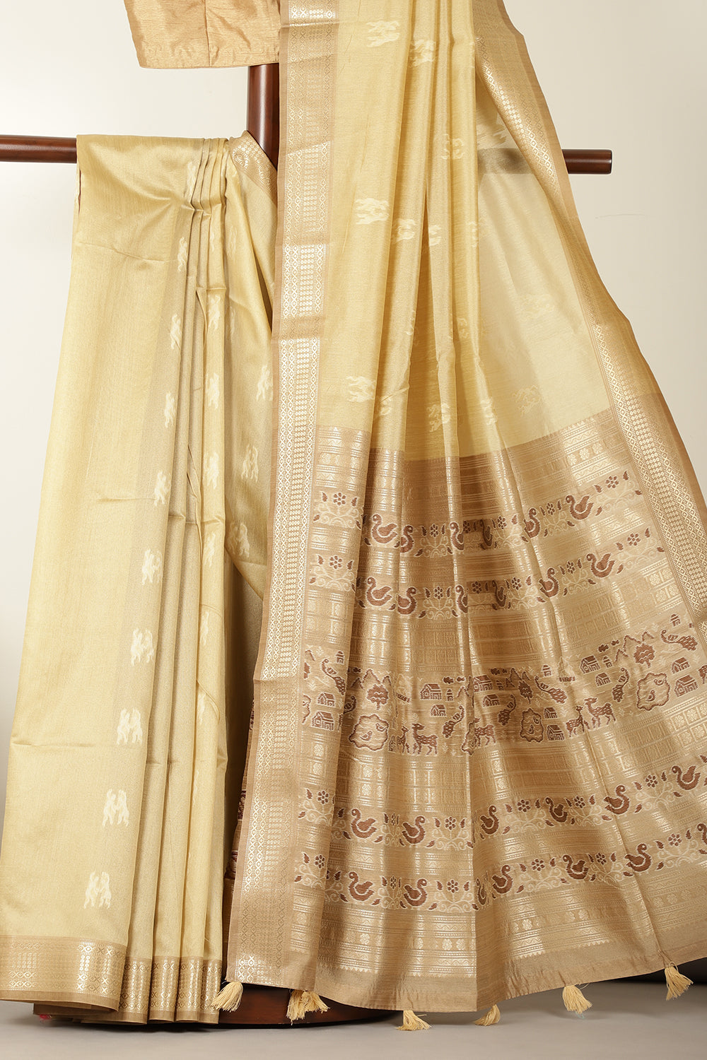 Beige Chanderi Silk Resham & Zari Woven Saree
