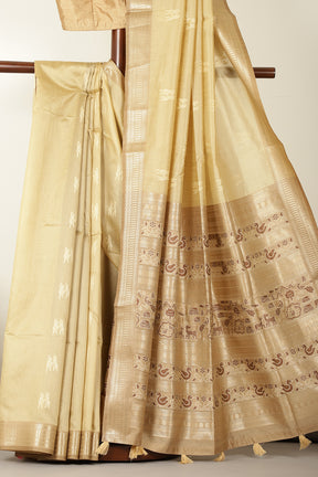 Beige Chanderi Silk Resham & Zari Woven Saree
