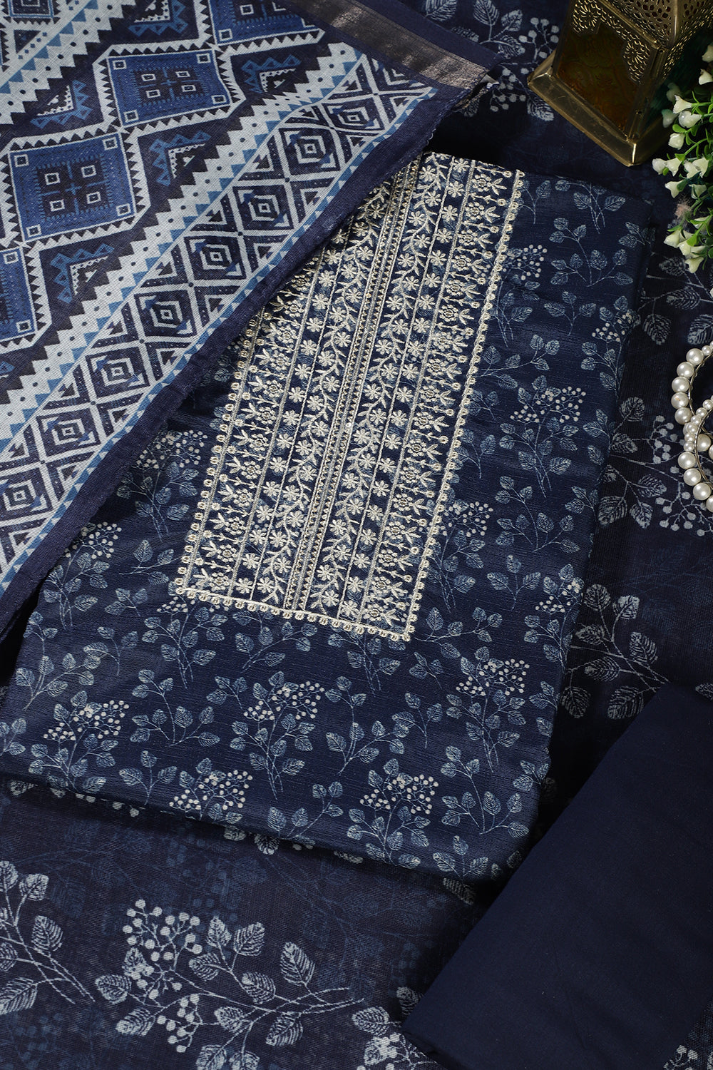 Navy Blue Cotton Silk Blossom Printed and Neck Embroidered Unstitched Suit
