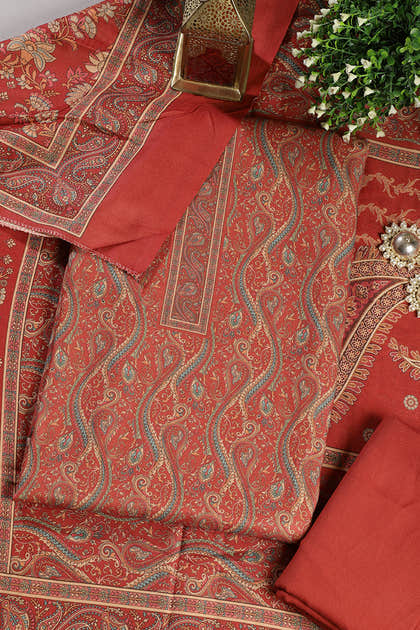 Rust Color Pashmina Digital Printed Unstitched Suit Material