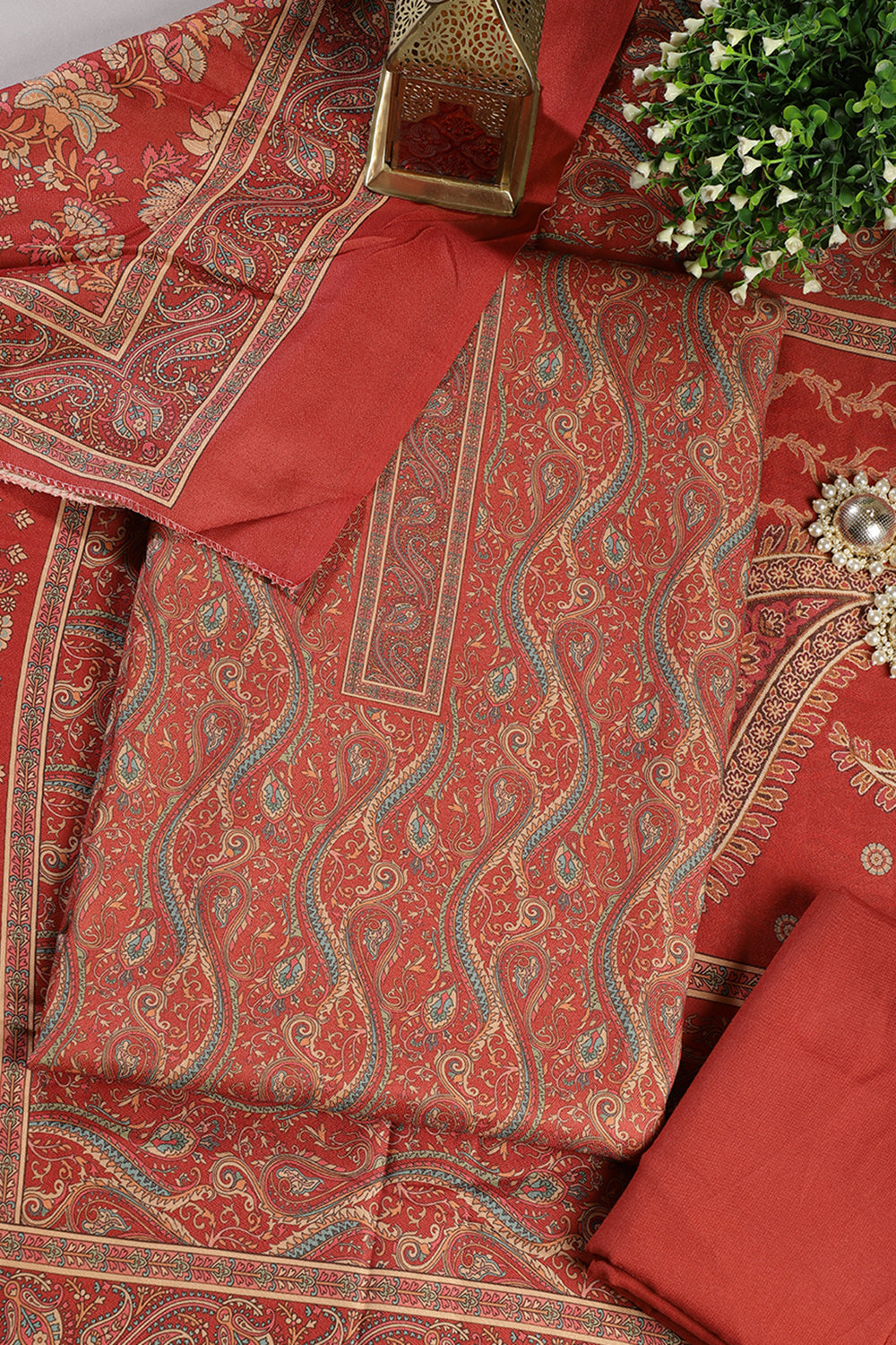 Rust Color Pashmina Digital Printed Unstitched Suit Material