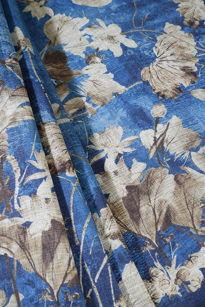 Dusky Blue Tussar Silk Floral Printed Saree
