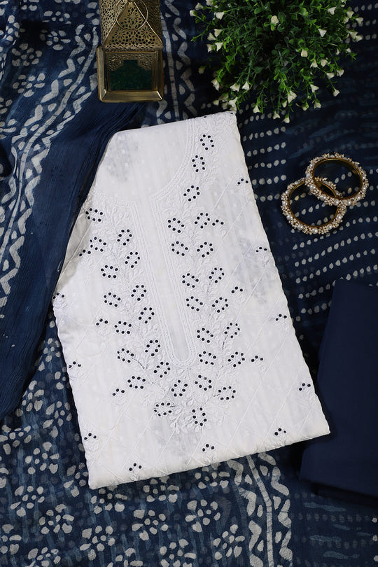 White Cotton Resham Embroidered Unstitched Suit Material