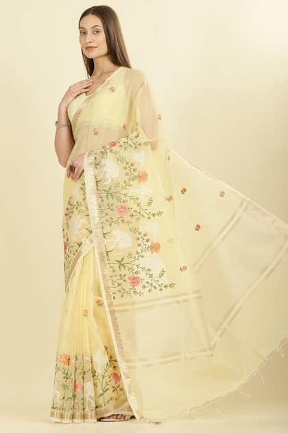 Yellow Kota Cotton Floral Resham Embroidered And Zari Woven Saree
